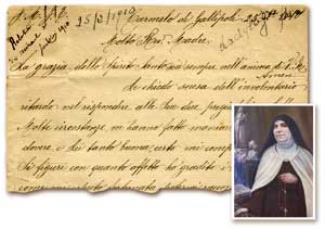 La lettera autografa di madre Maria Carmela, priora del monastero delle carmelitane scalze di Gallipoli, a madre Agnese, con il racconto del miracolo; a destra un ritratto
di suor Maria Carmela del Cuore di Gesù